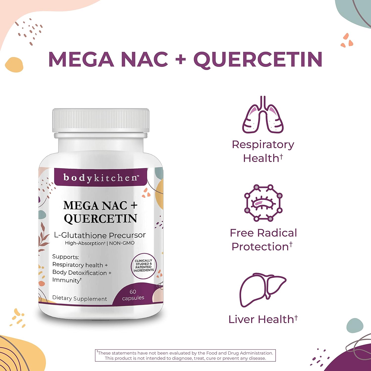 Body Kitchen Mega NAC (N-Acetyl Cysteine) 600 mg with Quercetin - Supports Respiratory Health, Immune Function, Liver & Kidney Detox - Veggie Caps - Pack of 3