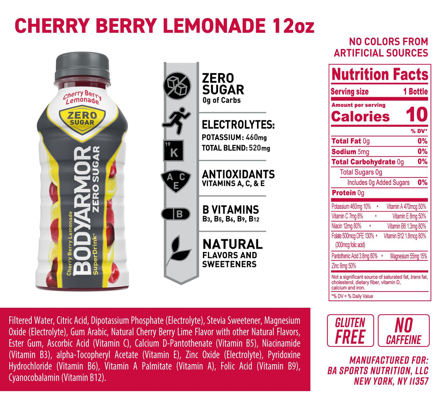 BODYARMOR ZERO Sugar Cherry Berry Lemonade - Sugar Free Sports Drink with Natural Flavors and Electrolytes - 12 fl oz (Pack of 8)