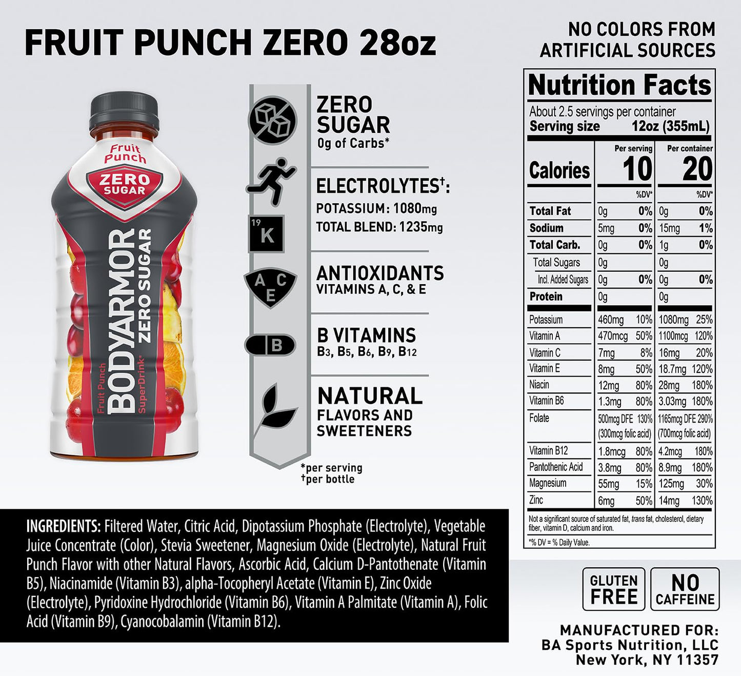 BODYARMOR ZERO Sugar Fruit Punch Sports Drink - Sugar-Free, Low-Calorie Hydration with Natural Flavors - Electrolytes, Antioxidants, B-vitamins - 28 fl oz (Pack of 12)