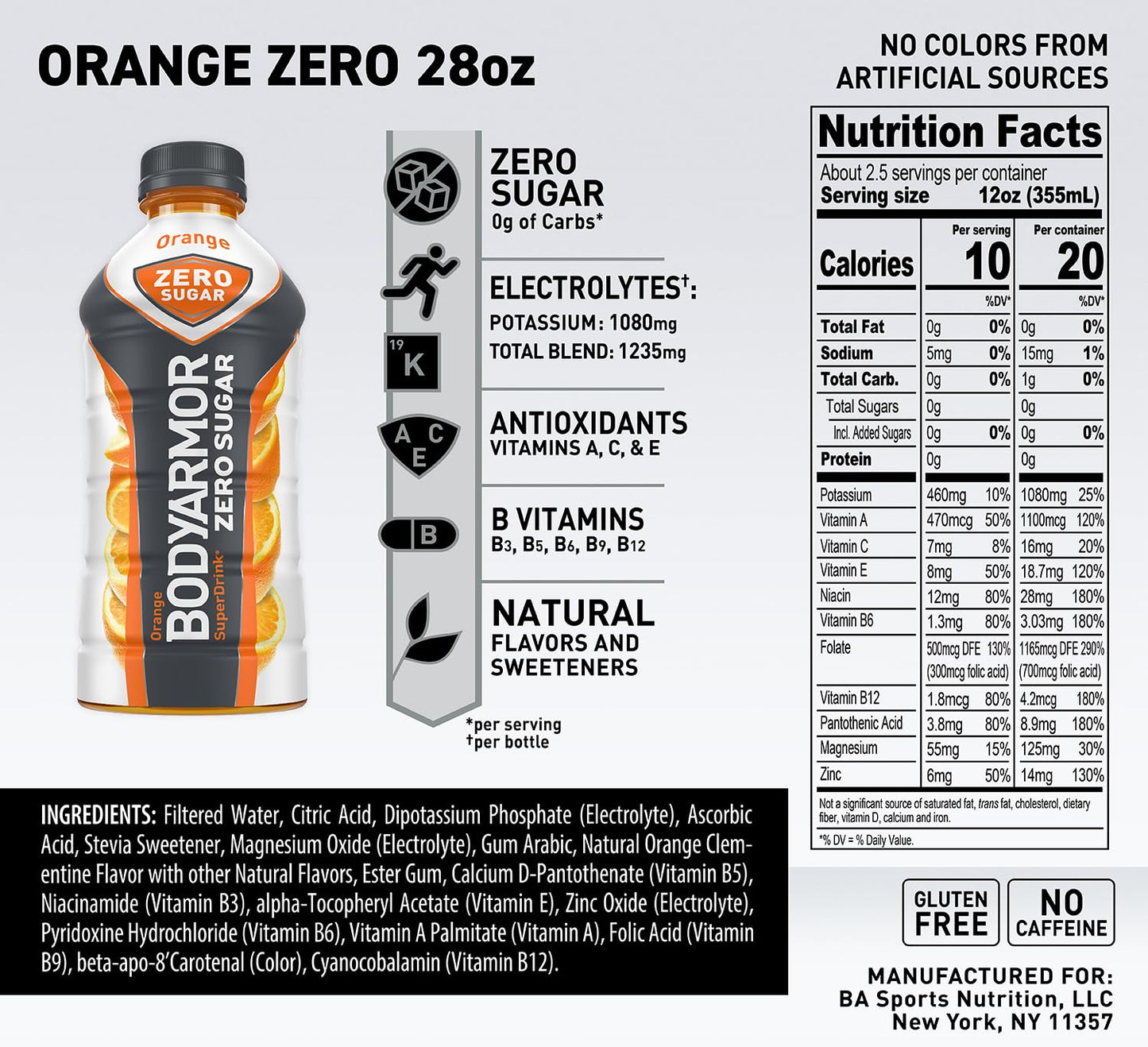 BODYARMOR ZERO Sugar Orange Sports Drink - Sugar-Free, Low-Calorie Hydration with Natural Flavors - Electrolytes, Antioxidants, B-vitamins - 28 fl oz (Pack of 12)
