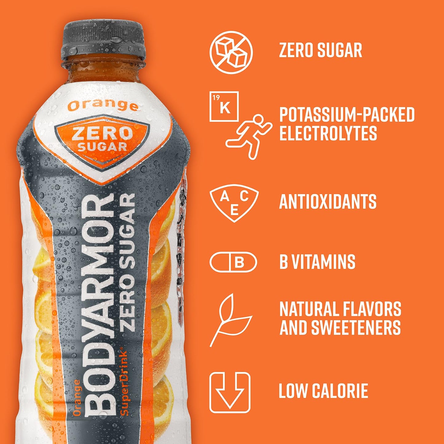 BODYARMOR ZERO Sugar Orange Sports Drink - Sugar-Free, Low-Calorie Hydration with Natural Flavors - Electrolytes, Antioxidants, B-vitamins - 28 fl oz (Pack of 12)