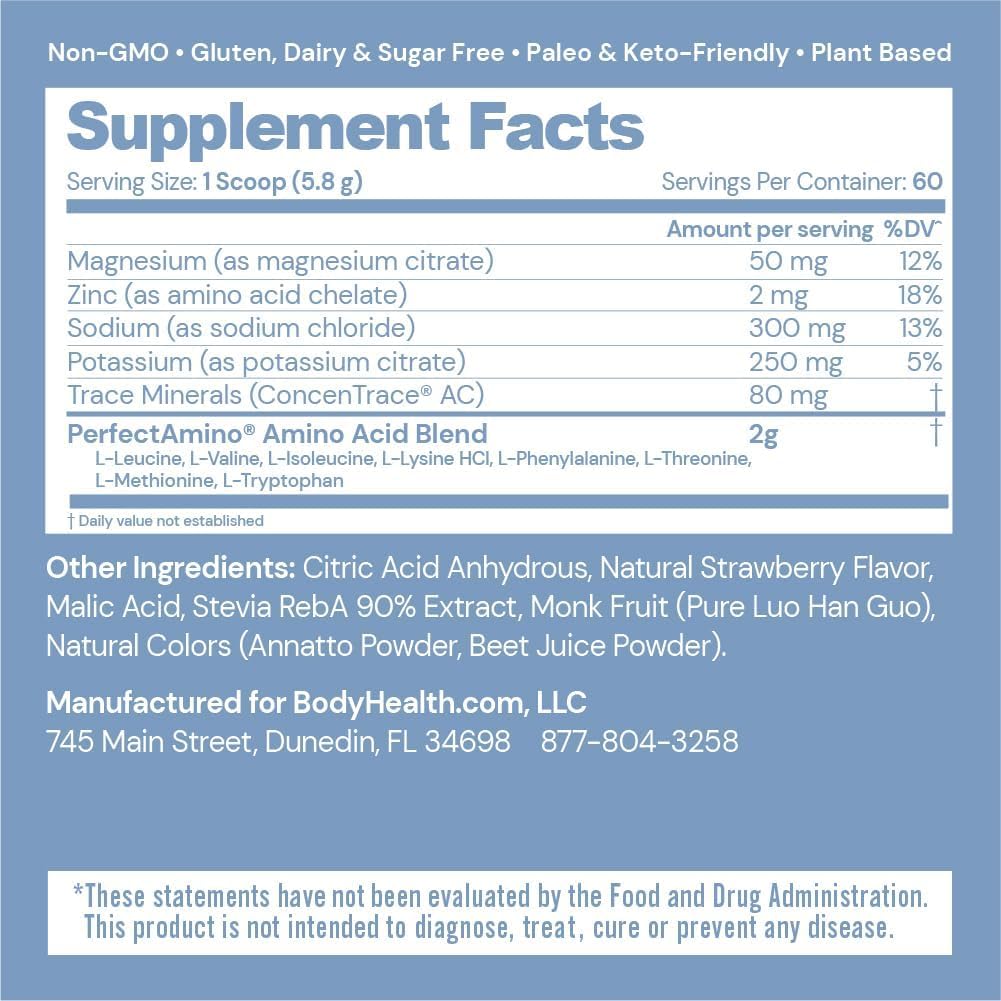 BodyHealth PerfectAmino Electrolytes Powder - Keto-Friendly Hydration Drink Mix with Trace Minerals - Strawberry Flavor - 60 Servings