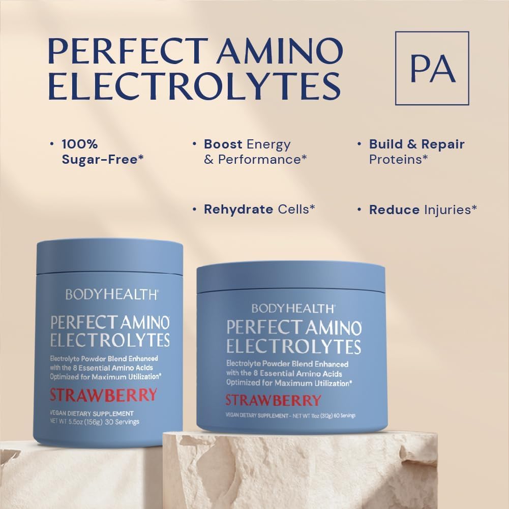 BodyHealth PerfectAmino Electrolytes Powder - Keto-Friendly Hydration Drink Mix with Trace Minerals - Strawberry Flavor - 60 Servings