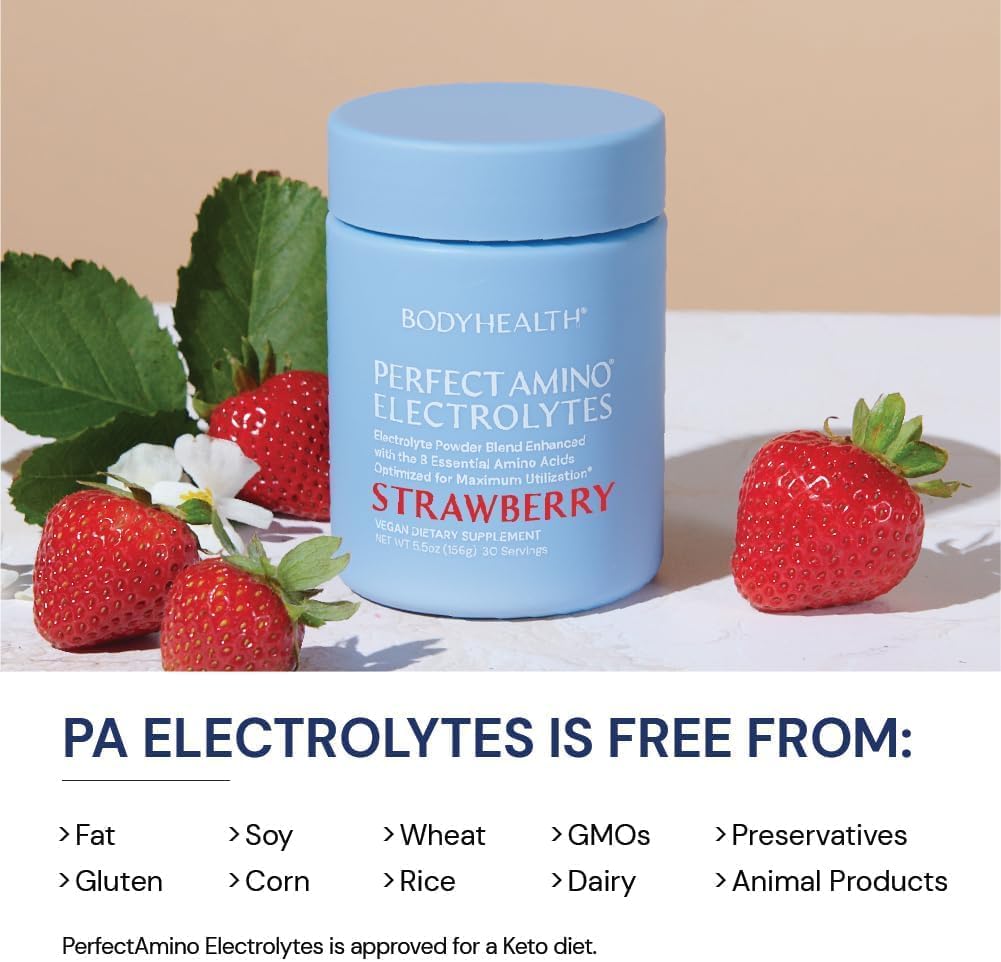 BodyHealth PerfectAmino Electrolytes Powder - Keto-Friendly Hydration Drink Mix with Trace Minerals - Strawberry Flavor - 60 Servings