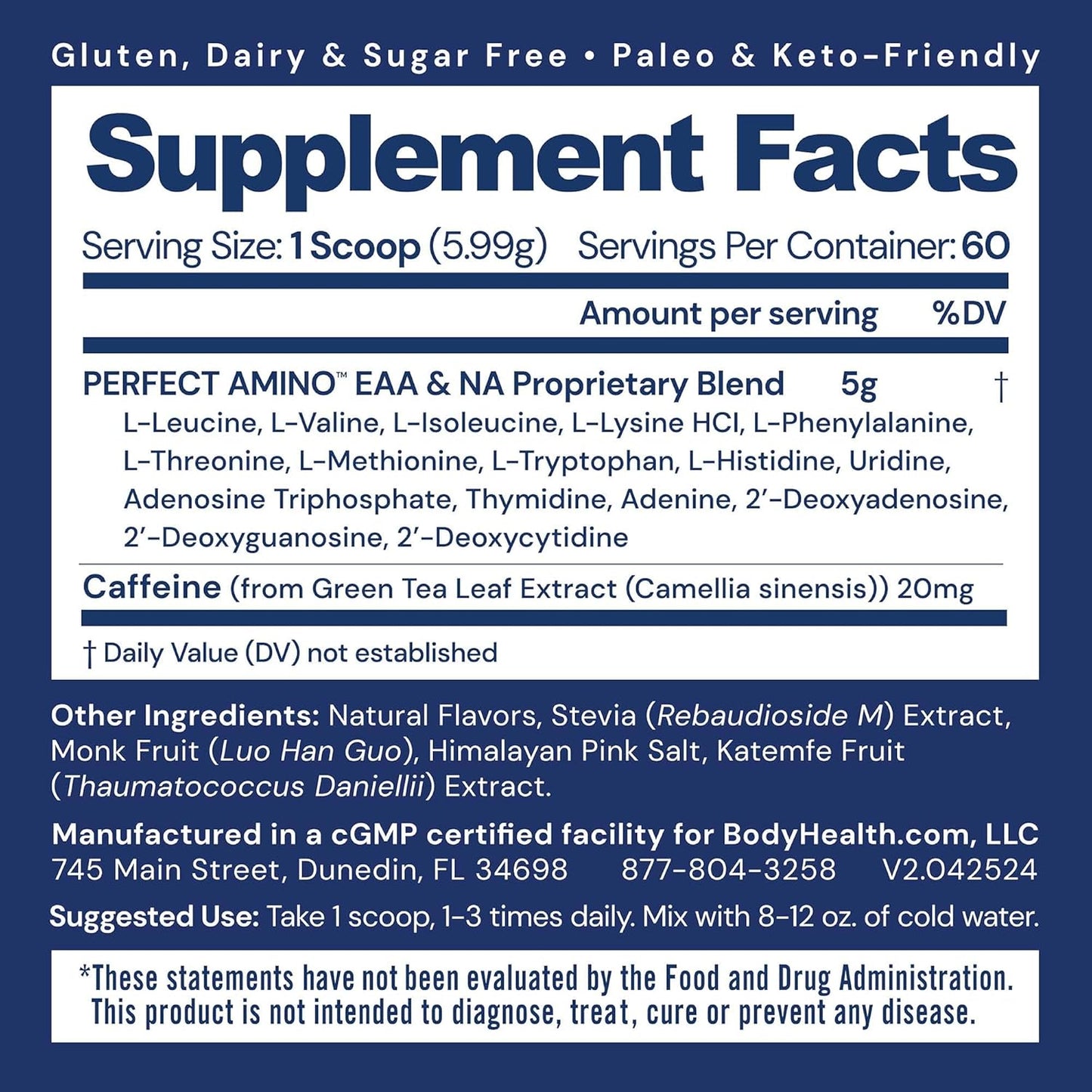 BodyHealth PerfectAmino Powder Mocha Flavor - BCAA & EAA Energy Drink for Muscle Support - Pre & Post Workout Supplement for Men & Women - 60 Servings