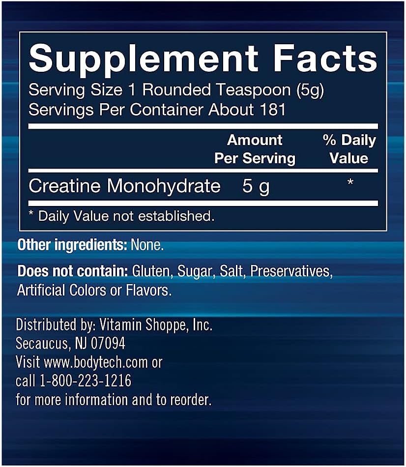 BodyTech Creatine Monohydrate Powder - Boost Strength, Performance, Recovery - Enhances Exercise Capacity for Fitness - 31.9 oz, 181 Servings
