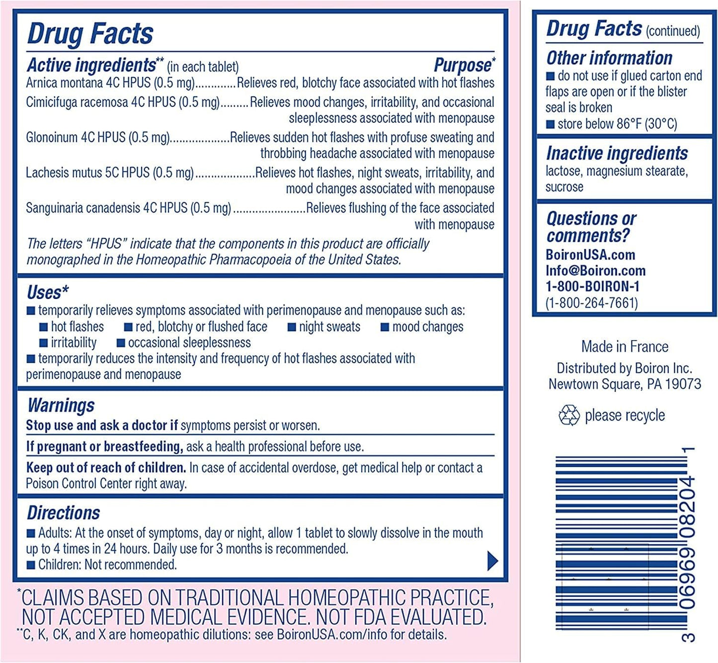 Boiron Cyclease Menopause Tablets - Natural Relief for Hot Flashes, Mood Swings, Night Sweats, and Irritability - 240 Tablets
