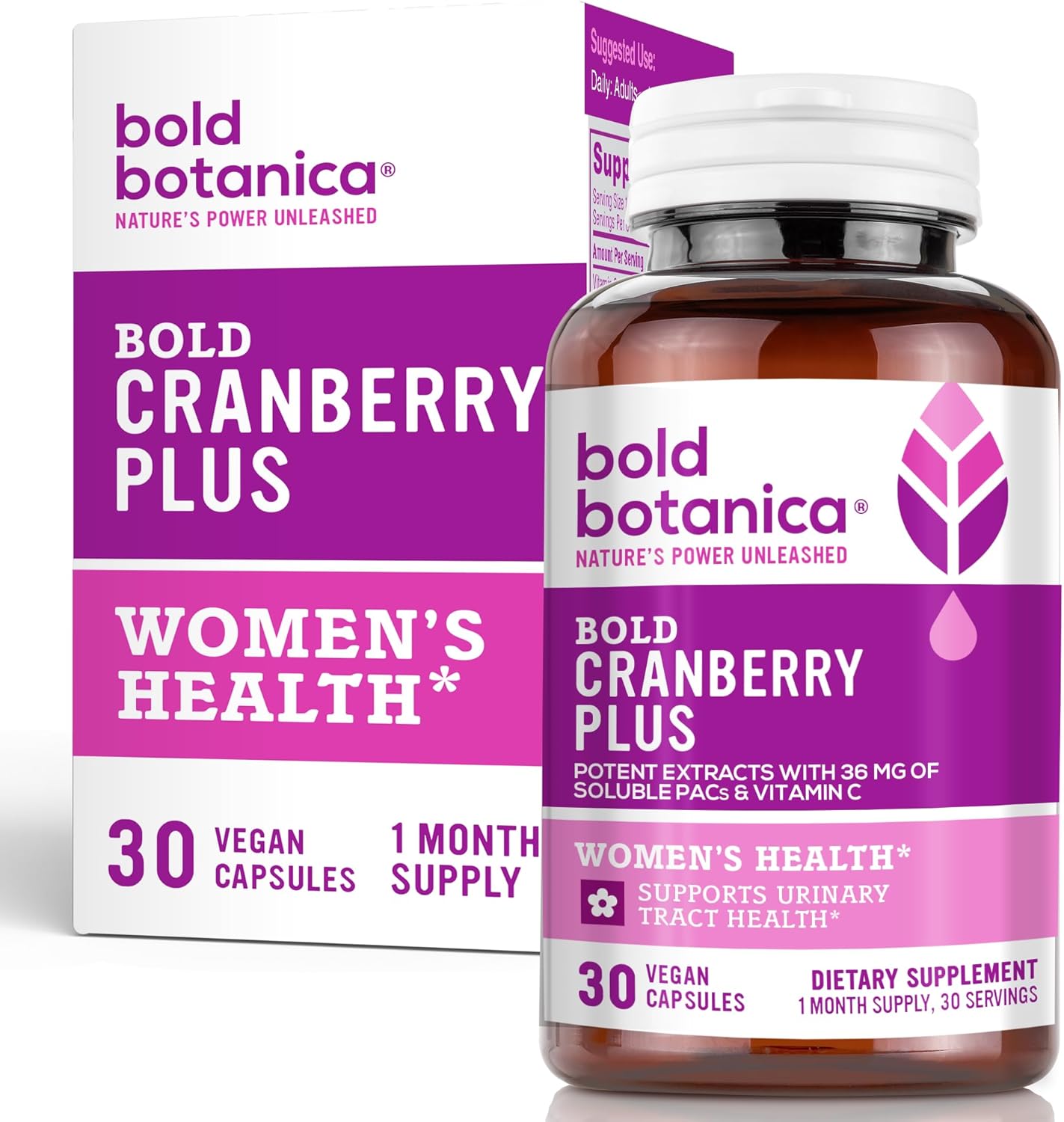 Bold Botanica Cranberry PAC 36mg - 100% Soluble Juice Extract Capsules for Urinary Tract Support - Non-GMO with Vitamin C - 30 Vegan Pills