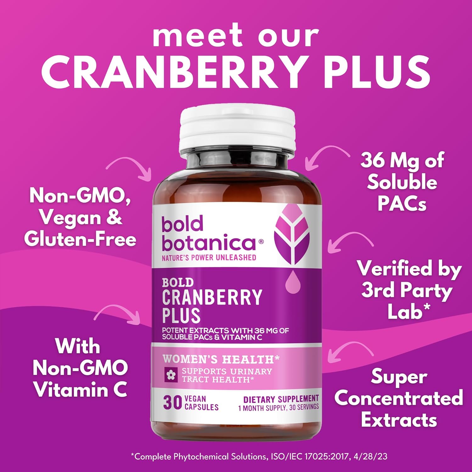 Bold Botanica Cranberry PAC 36mg - 100% Soluble Juice Extract Capsules for Urinary Tract Support - Non-GMO with Vitamin C - 30 Vegan Pills