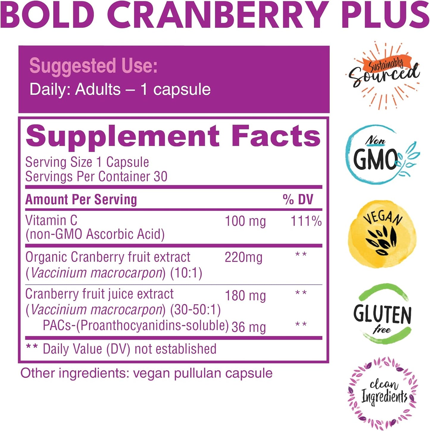 Bold Botanica Cranberry PAC 36mg - 100% Soluble Juice Extract Capsules for Urinary Tract Support - Non-GMO with Vitamin C - 30 Vegan Pills