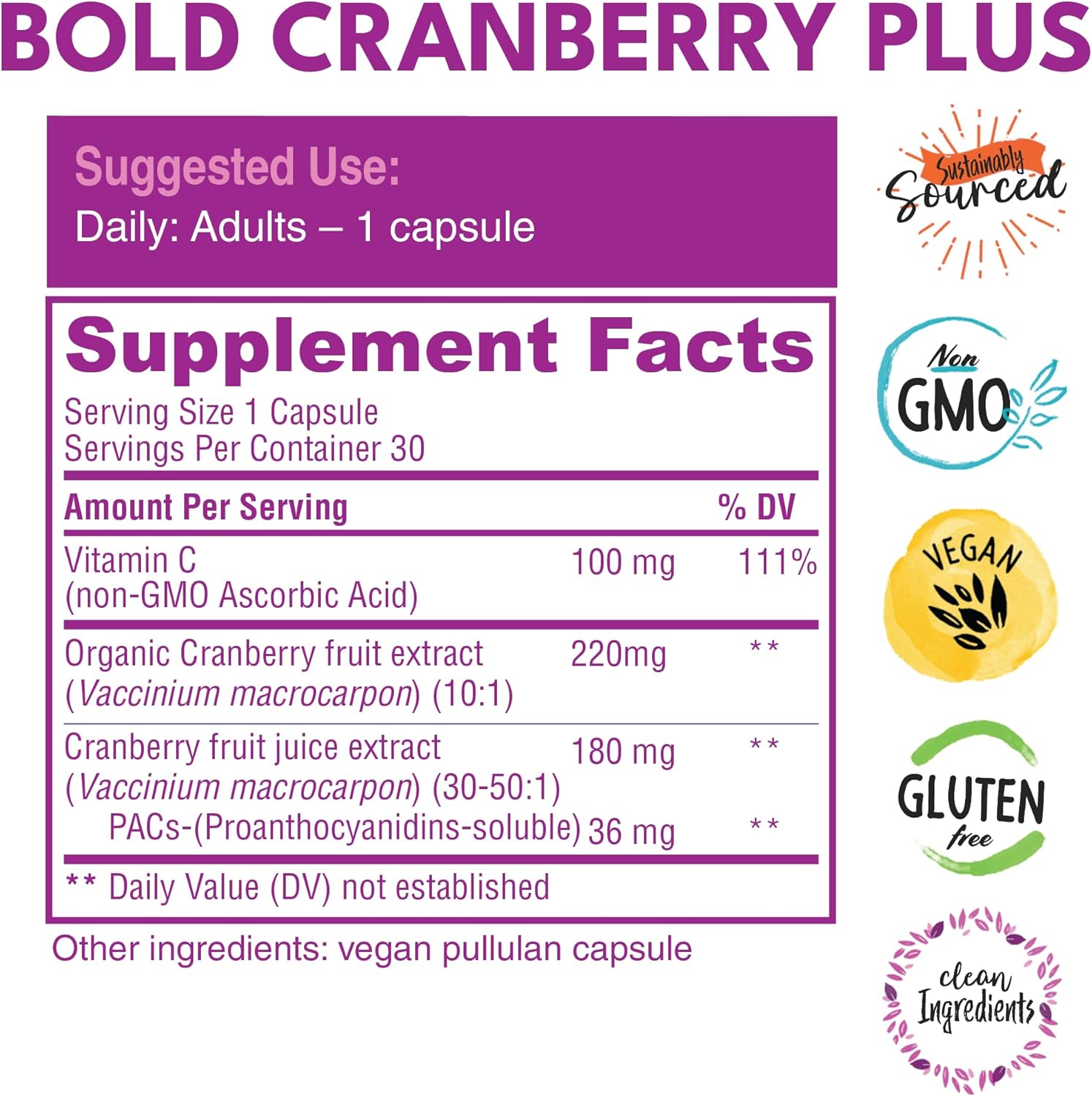 Bold Botanica Cranberry PAC 36mg - 100% Soluble Juice Extract Capsules for Urinary Tract Support - Non-GMO with Vitamin C - 30 Vegan Pills