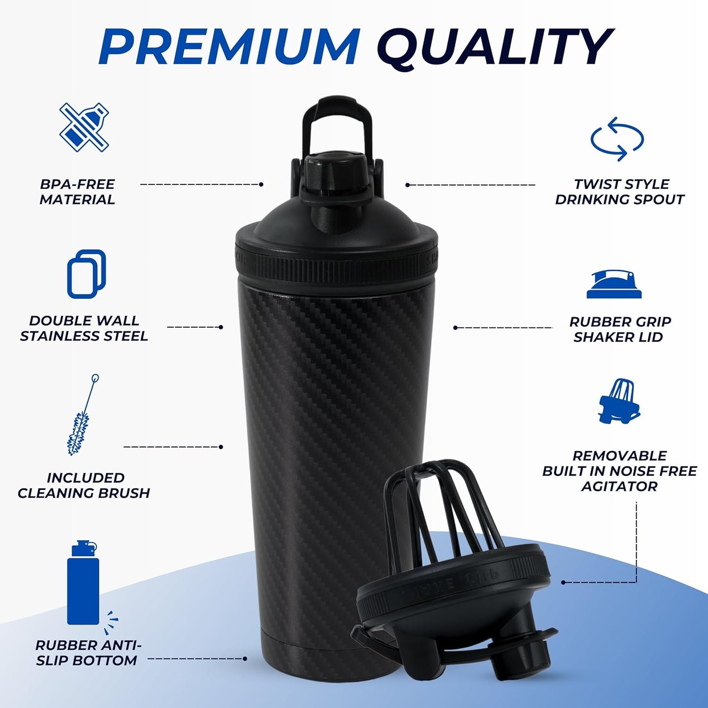 Boldstrive Stainless Steel Protein Shaker Bottle with Carbon Fiber Wrap, Insulated Water Bottle & 6 Month Fitness Journal