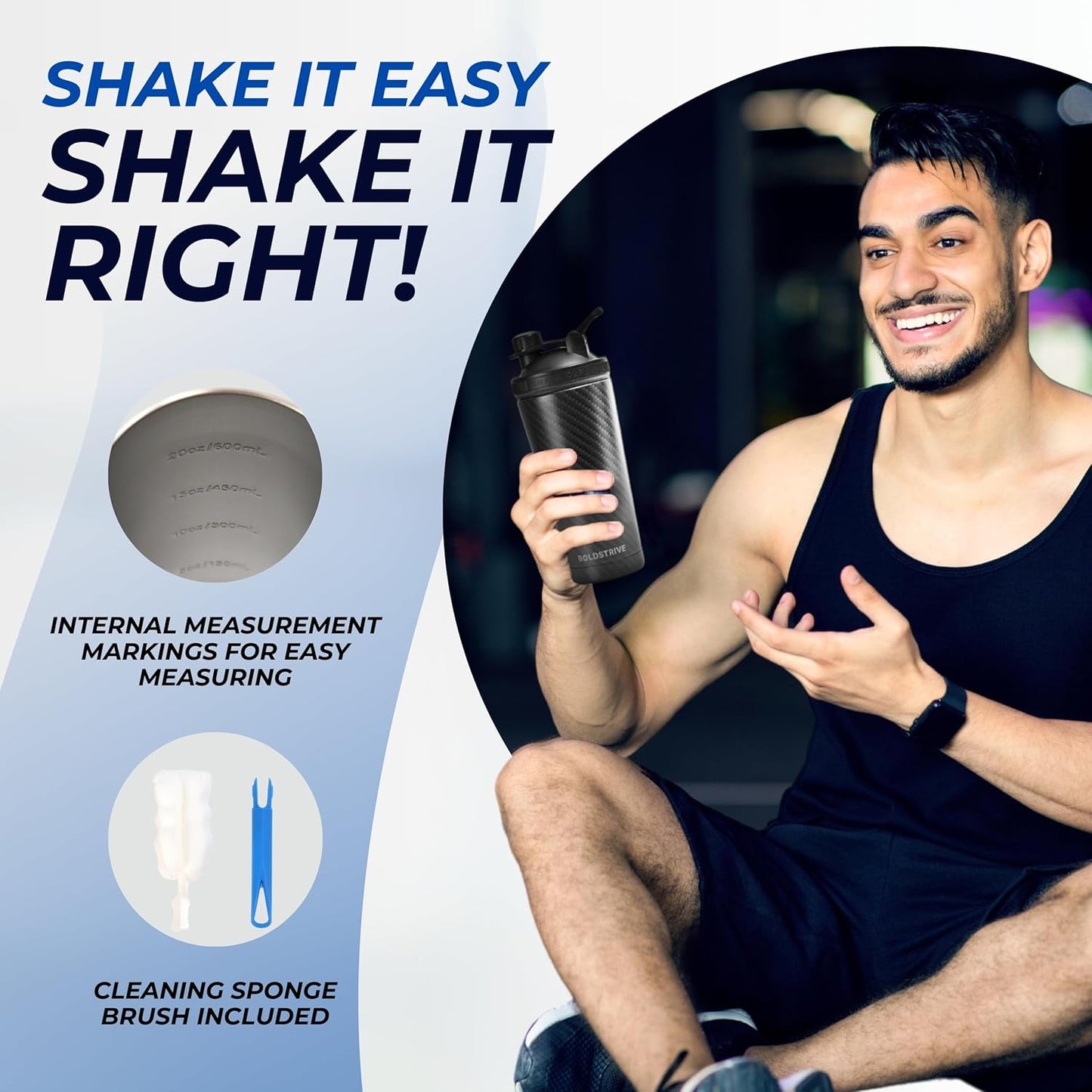 Boldstrive Stainless Steel Protein Shaker Bottle with Carbon Fiber Wrap, Insulated Water Bottle & 6 Month Fitness Journal