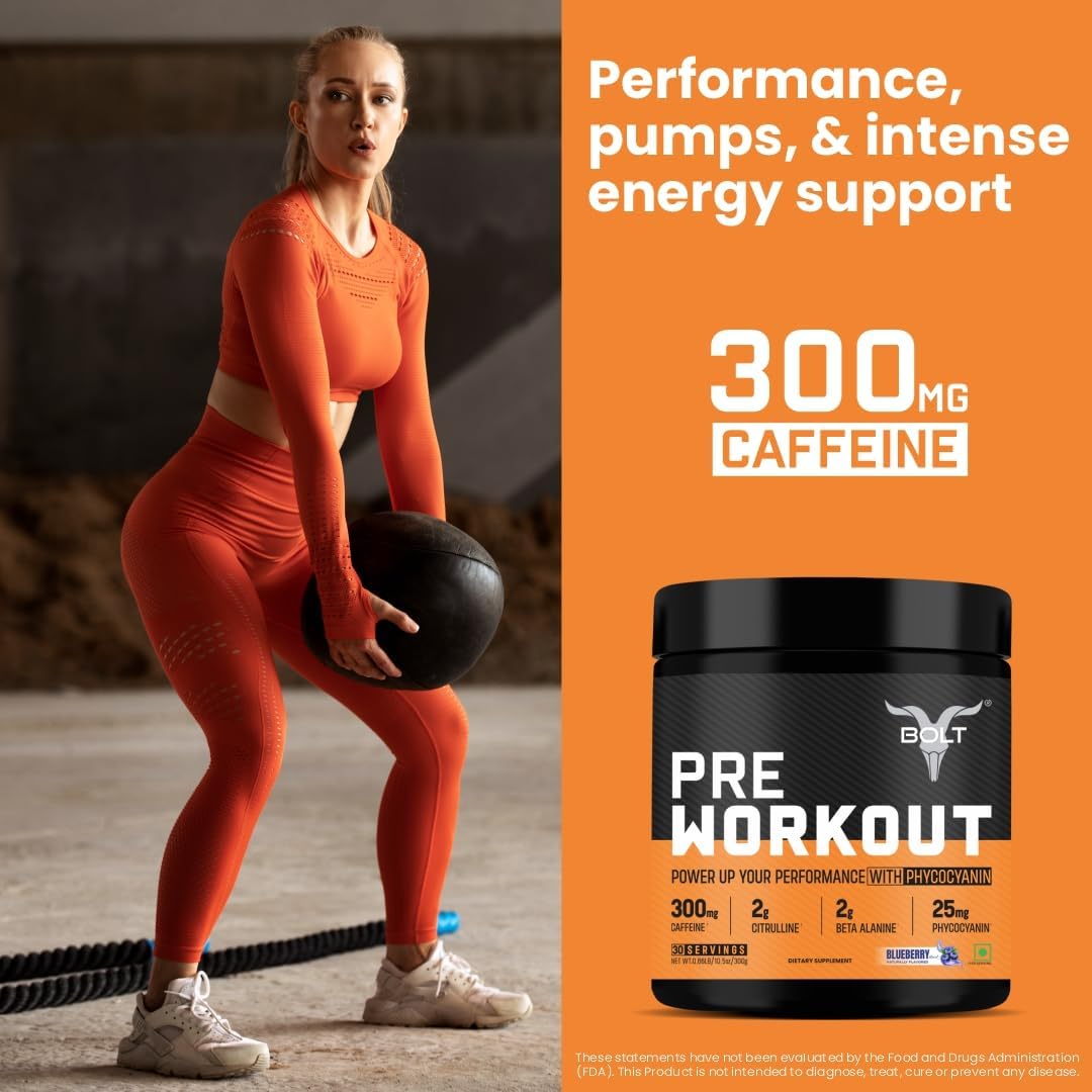 Bolt Nutrition Pre Workout Supplement - Enhanced Energy, Focus & Pump - 300g, 30 Servings - Blue Berry Flavor