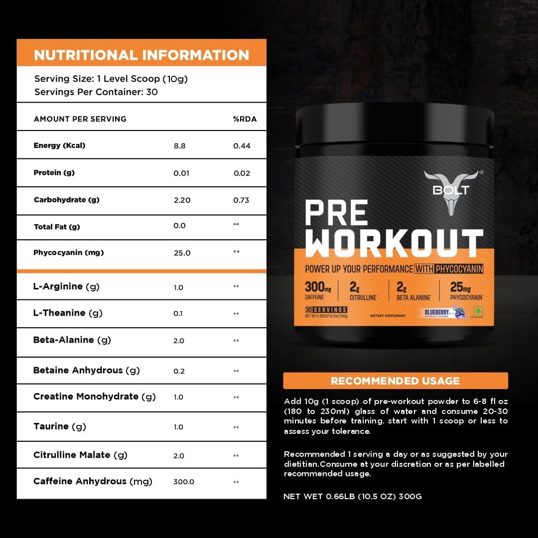 Bolt Nutrition Pre Workout Supplement - Enhanced Energy, Focus & Pump - 300g, 30 Servings - Blue Berry Flavor