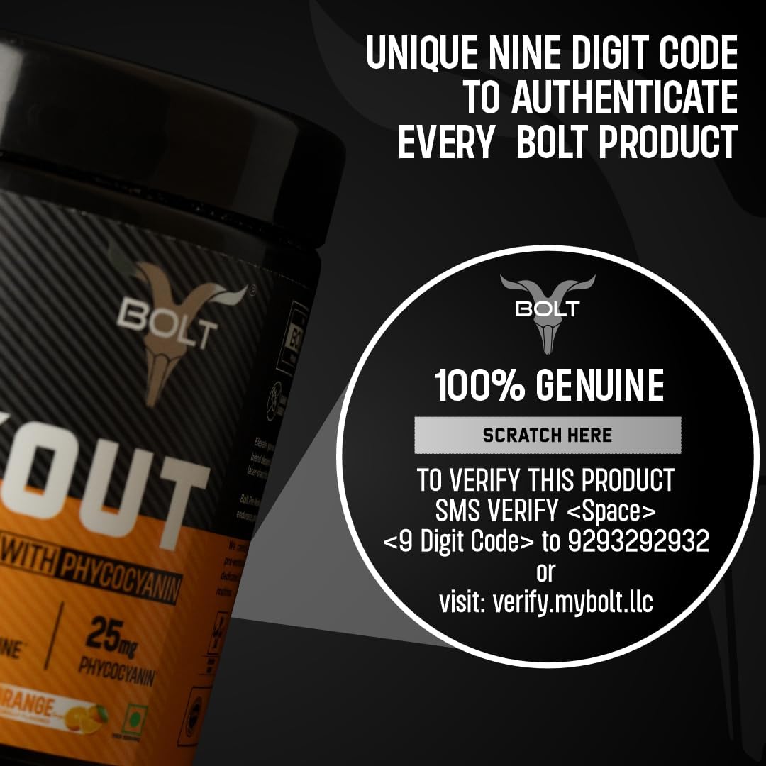 Bolt Nutrition Pre Workout Supplement - Enhanced Energy, Focus & Pump - 300g, 30 Servings - Blue Berry Flavor