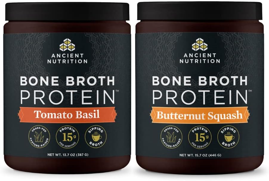 Bone Broth Protein Powder Variety Pack - Tomato Basil & Butternut Squash Flavors, 15 Servings Each