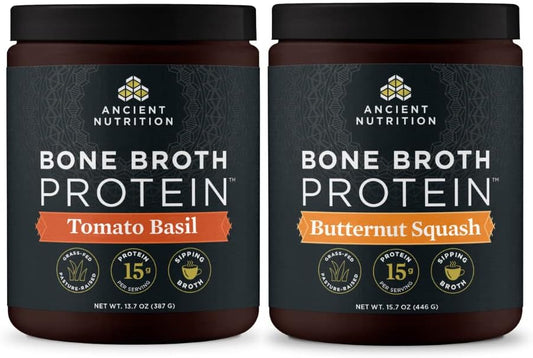 Bone Broth Protein Powder Variety Pack - Tomato Basil & Butternut Squash Flavors, 15 Servings Each