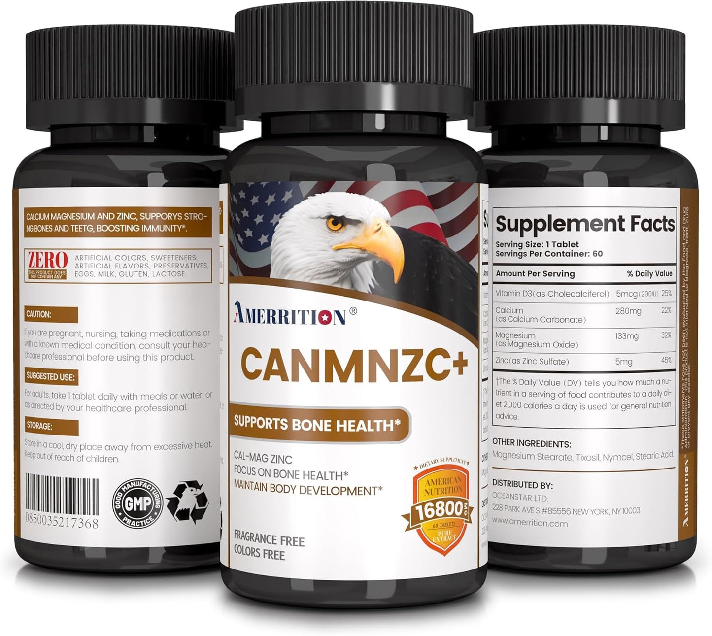 Bone Health & Immune Support Supplement - Amerrition CANMNZC+ with Vitamin D - 60 Tablets