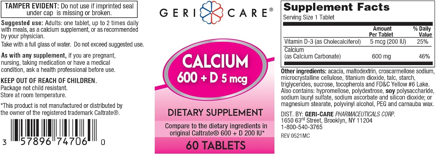 Bone Health Support: GeriCare Calcium 600mg + Vitamin D 5mcg Tablets, 60 Count (1 Pack) - Nutritional Supplement