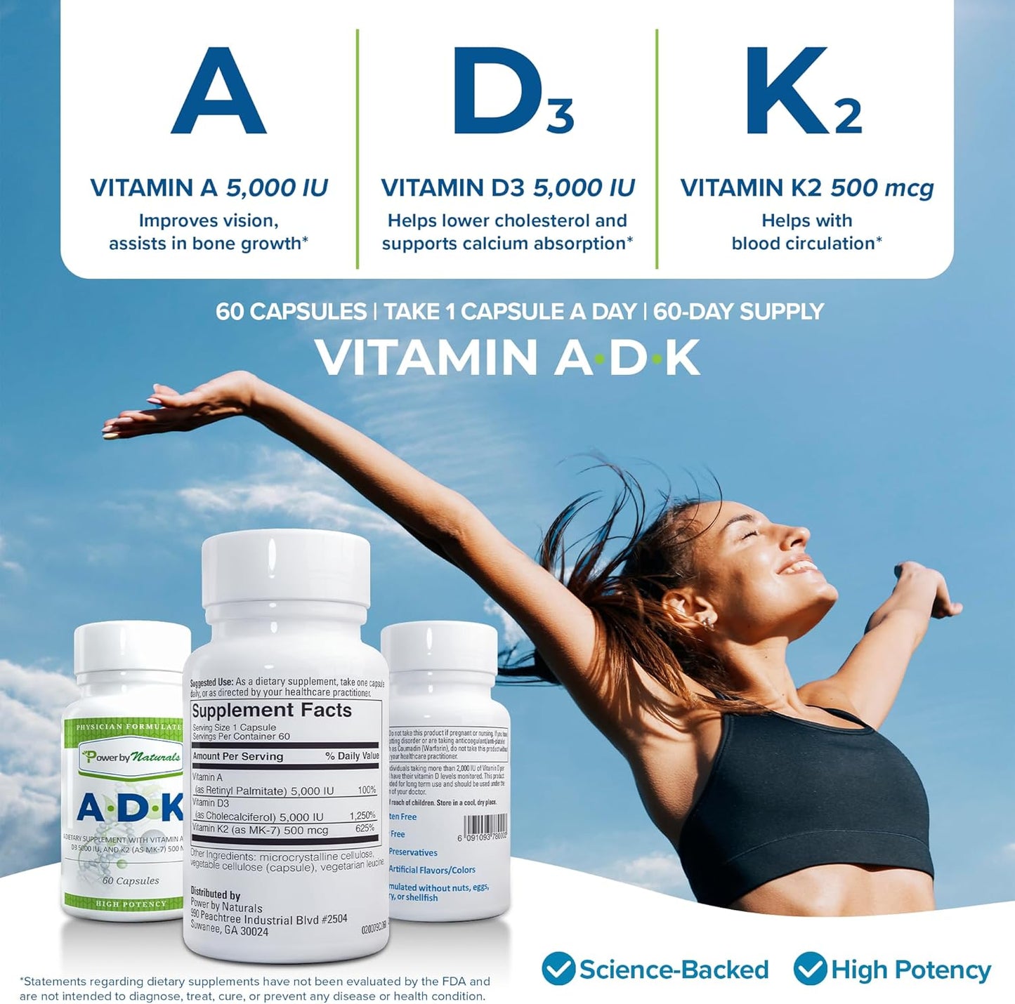 Bone Health Support: Vitamin ADK Supplement with Pure Vitamin D, A, and K2 MK-7 - 60 Capsules
