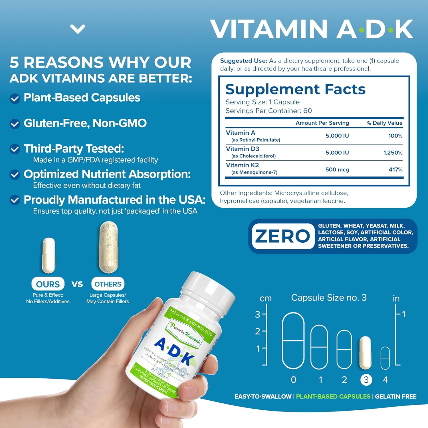 Bone Health Support: Vitamin ADK Supplement with Pure Vitamin D, A, and K2 MK-7 - 60 Capsules