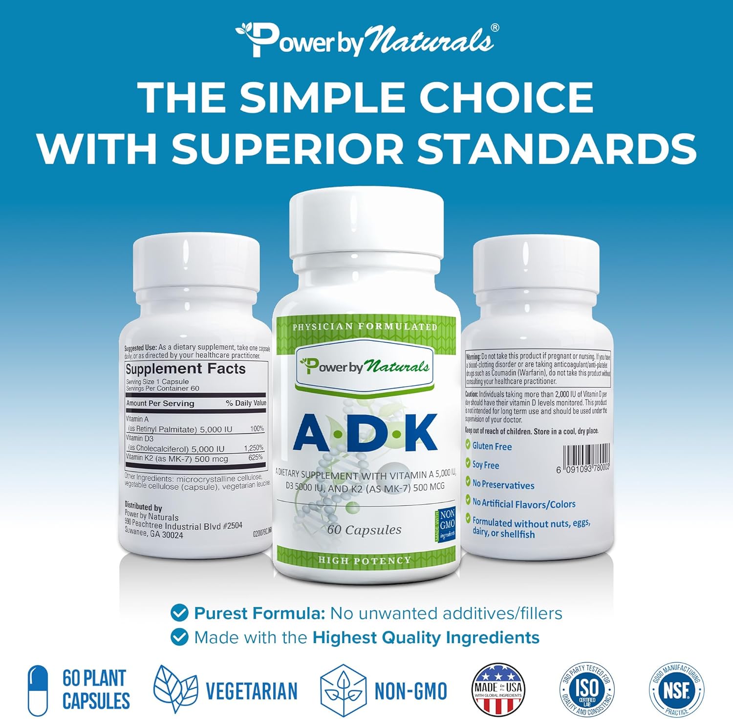 Bone Health Support: Vitamin ADK Supplement with Pure Vitamin D, A, and K2 MK-7 - 60 Capsules
