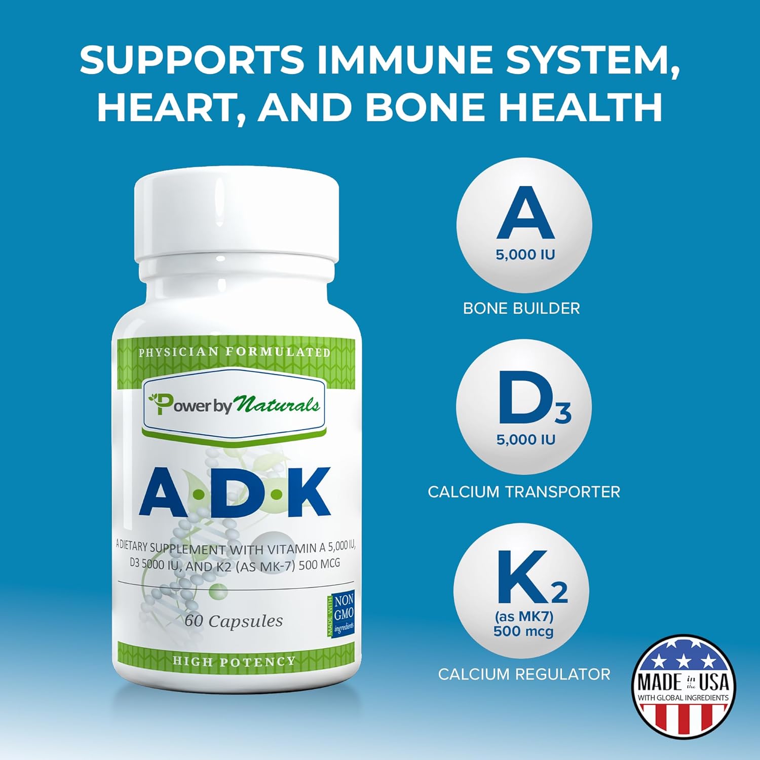 Bone Health Support: Vitamin ADK Supplement with Pure Vitamin D, A, and K2 MK-7 - 60 Capsules