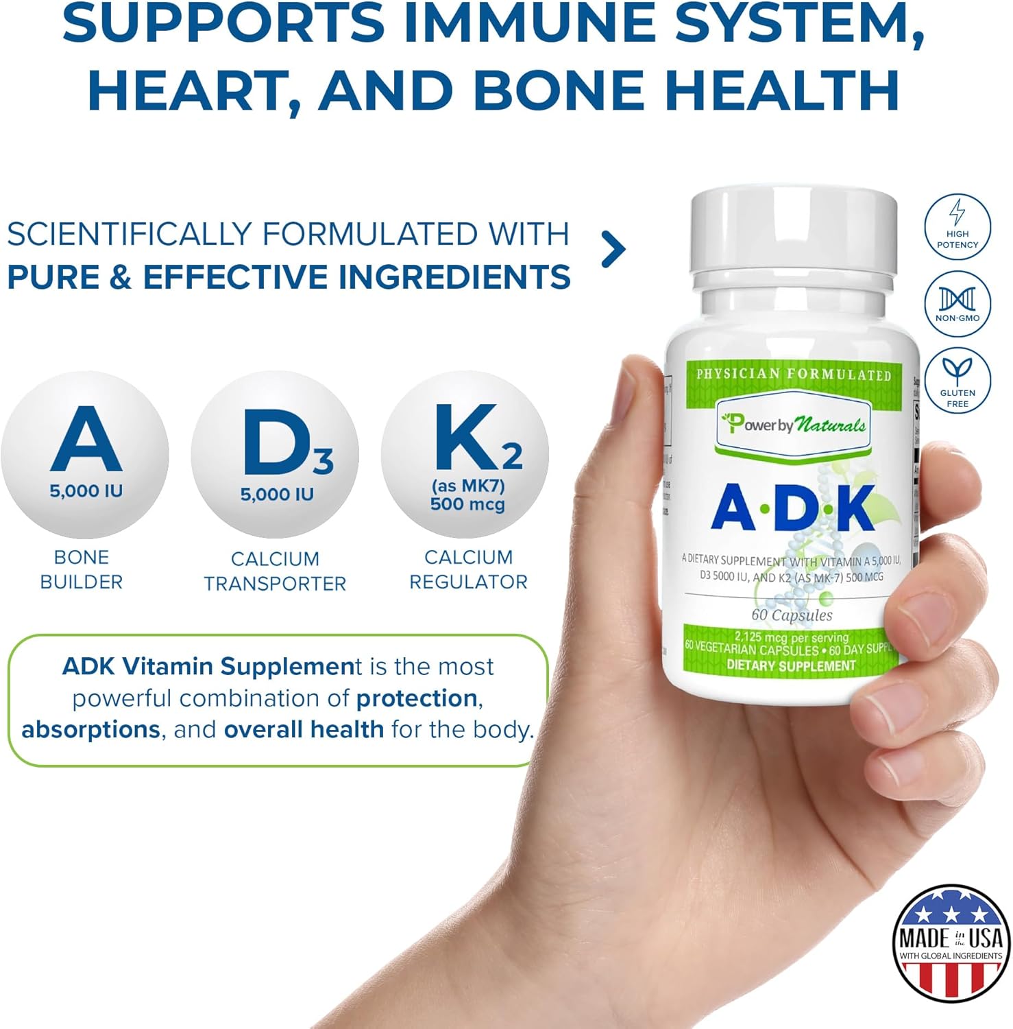 Bone Health Support: Vitamin ADK Supplement with Pure Vitamin D, A, and K2 MK-7 - 60 Capsules