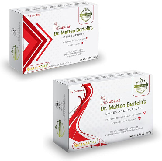 Bone, Muscle, and Iron Support Bundle by Dr. Matteo Bertelli - Resveratrol, Polydatin, Vitamin D3 & C, Nettle Extract, Iron (30 Capsules & 30 Tablets)