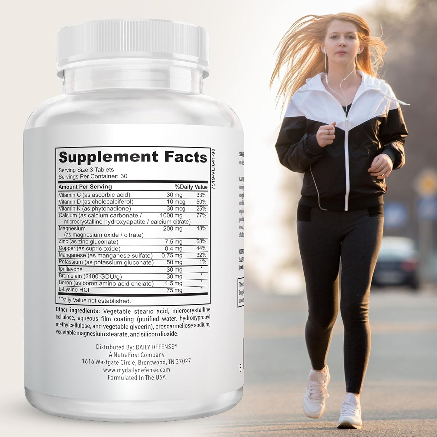 Bone Support Formula with Calcium 1000mg, Magnesium, L-Lysine HCl for Women & Men - 90 Easy to Swallow Tablets for Flexibility & Mobility