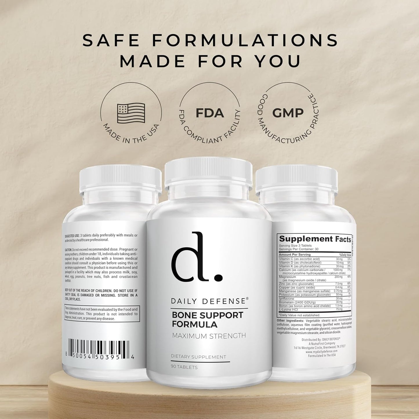 Bone Support Formula with Calcium 1000mg, Magnesium, L-Lysine HCl for Women & Men - 90 Easy to Swallow Tablets for Flexibility & Mobility