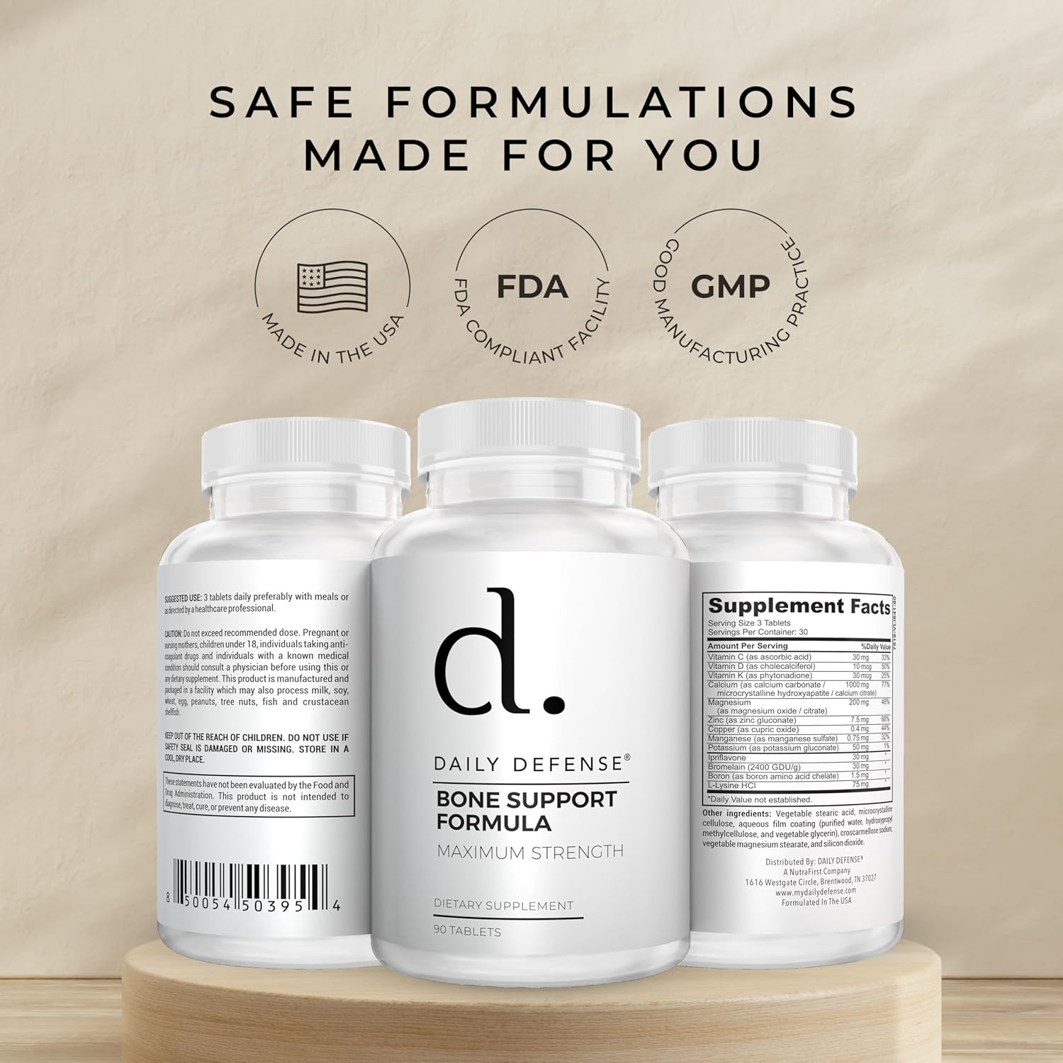 Bone Support Formula with Calcium 1000mg, Magnesium, L-Lysine HCl for Women & Men - 90 Easy to Swallow Tablets for Flexibility & Mobility