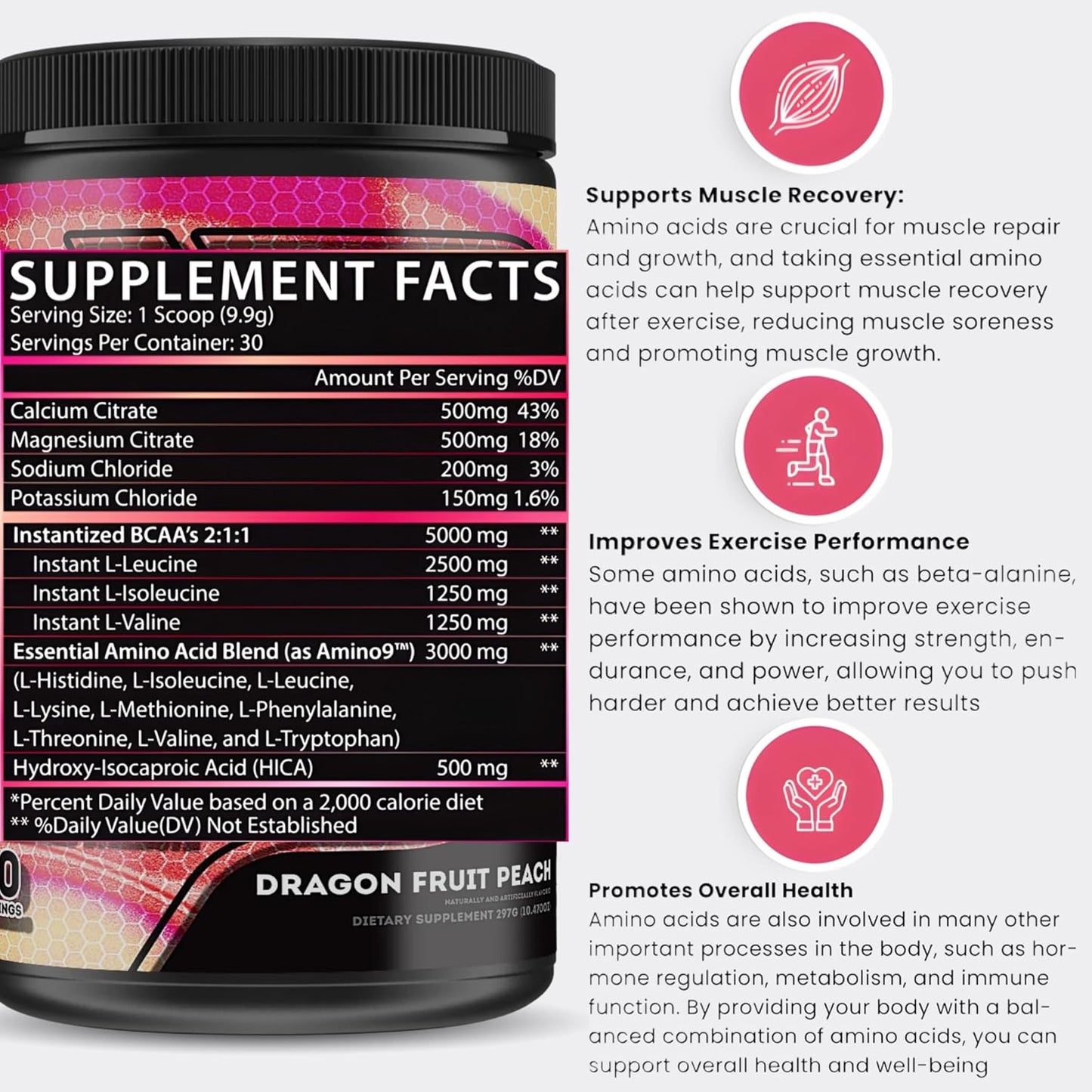 Boneafide Nutrition Amino + HICA EAA Supplement - Dragon Fruit Peach Flavor | Boost Recovery, Endurance, Strength, Energy, Hydration | BCAA, Electrolytes, Leucine | Powder, 30 Servings