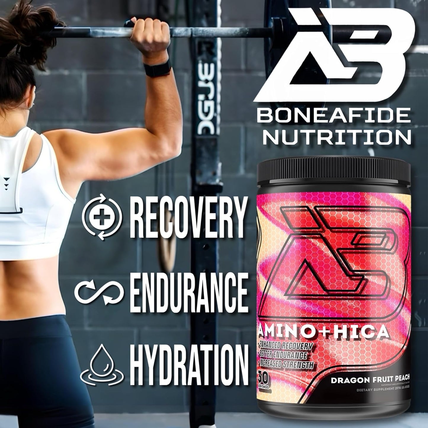 Boneafide Nutrition Amino + HICA EAA Supplement - Dragon Fruit Peach Flavor | Boost Recovery, Endurance, Strength, Energy, Hydration | BCAA, Electrolytes, Leucine | Powder, 30 Servings