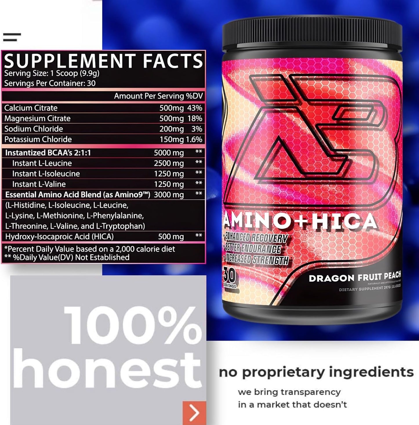 Boneafide Nutrition Amino + HICA EAA Supplement - Dragon Fruit Peach Flavor | Boost Recovery, Endurance, Strength, Energy, Hydration | BCAA, Electrolytes, Leucine | Powder, 30 Servings