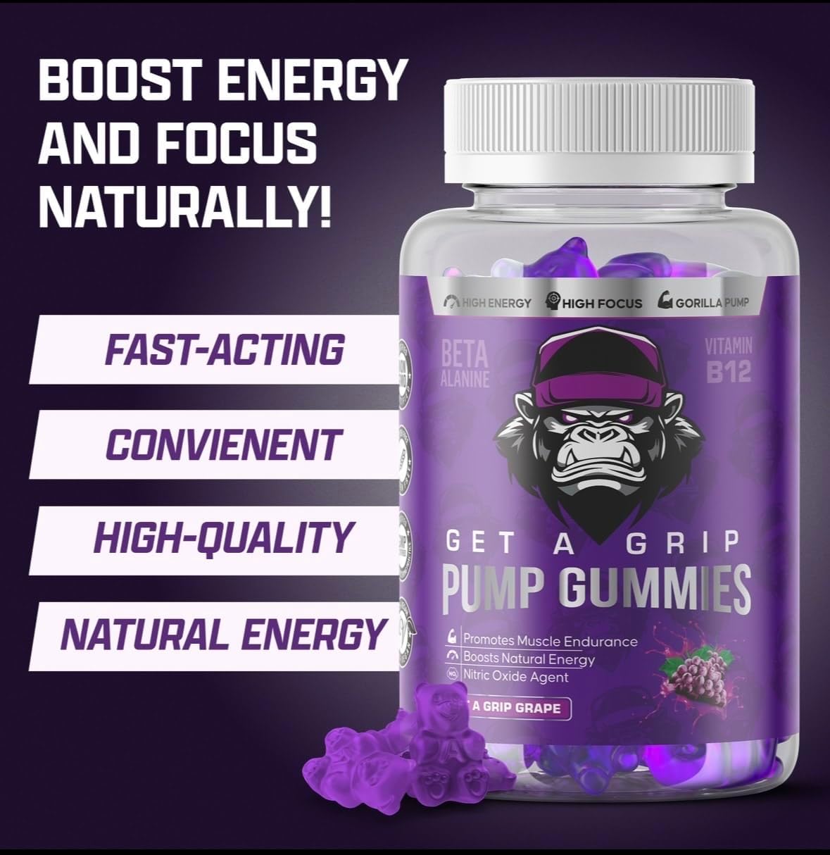 Boost Energy Naturally with Non-Stim Pre-Workout Pump Gummies - Vitamin B12, Beta Alanine, Taurine, Pink Himalayan Salt, L-Citrulline - Enhance Focus and Performance!
