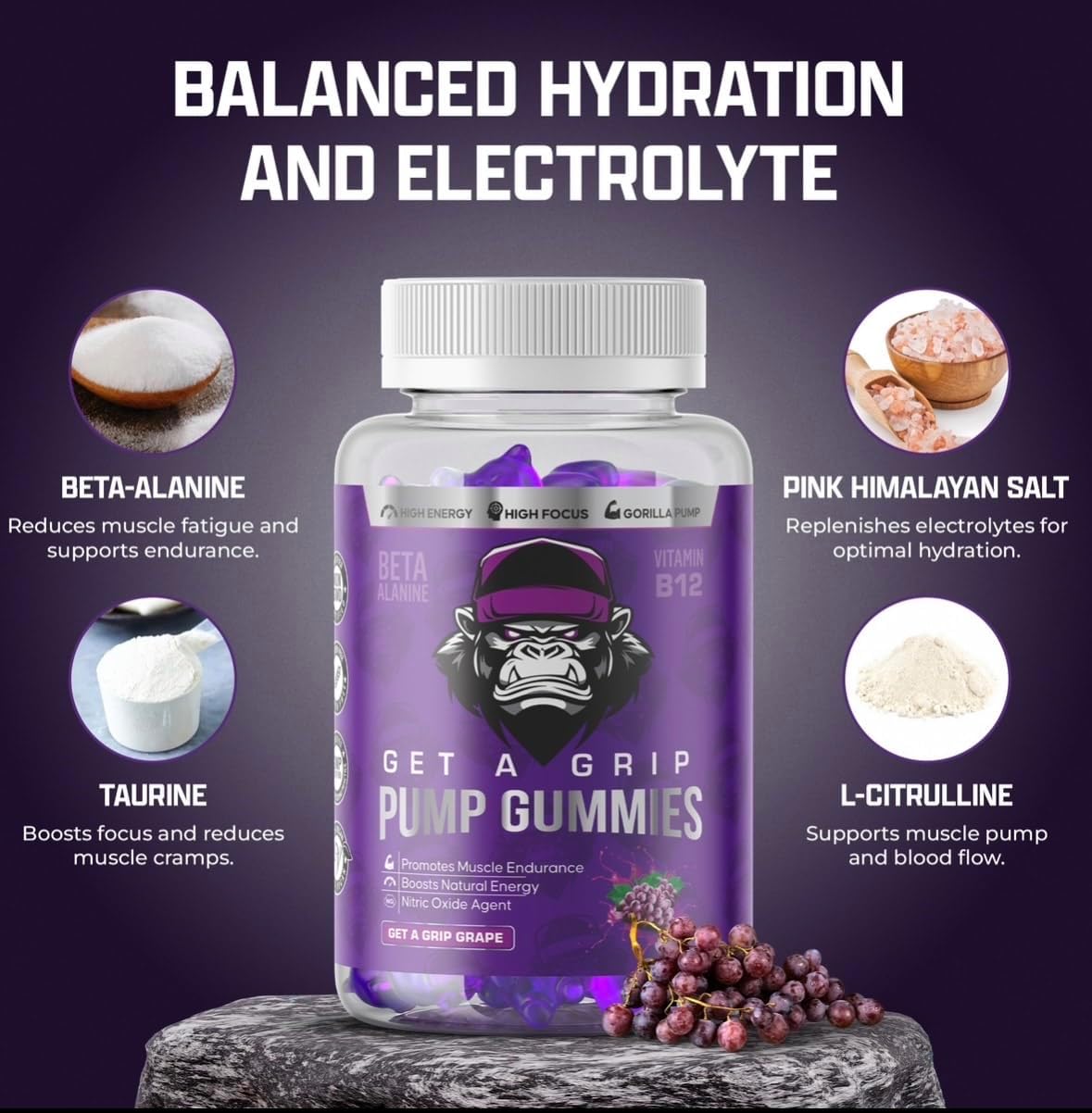 Boost Energy Naturally with Non-Stim Pre-Workout Pump Gummies - Vitamin B12, Beta Alanine, Taurine, Pink Himalayan Salt, L-Citrulline - Enhance Focus and Performance!