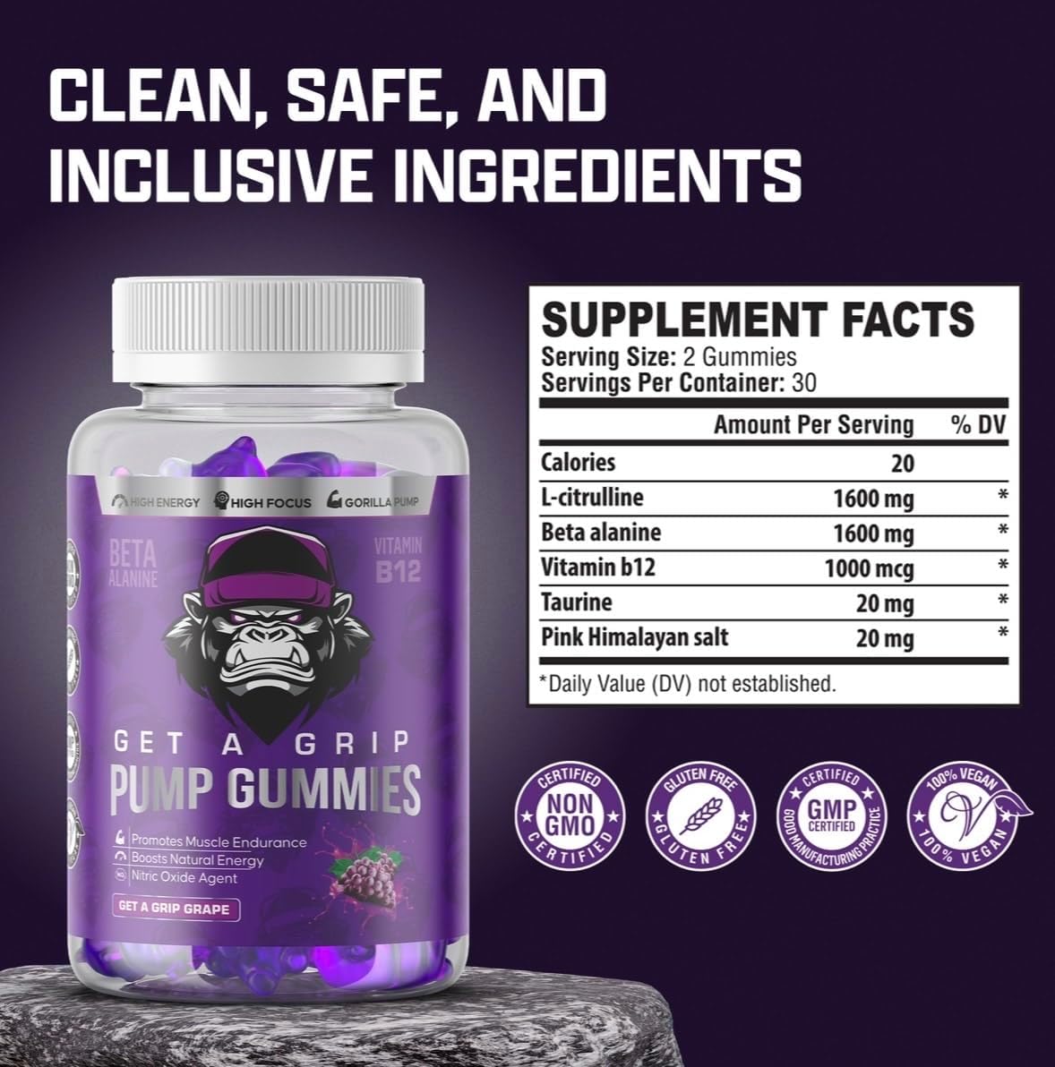 Boost Energy Naturally with Non-Stim Pre-Workout Pump Gummies - Vitamin B12, Beta Alanine, Taurine, Pink Himalayan Salt, L-Citrulline - Enhance Focus and Performance!