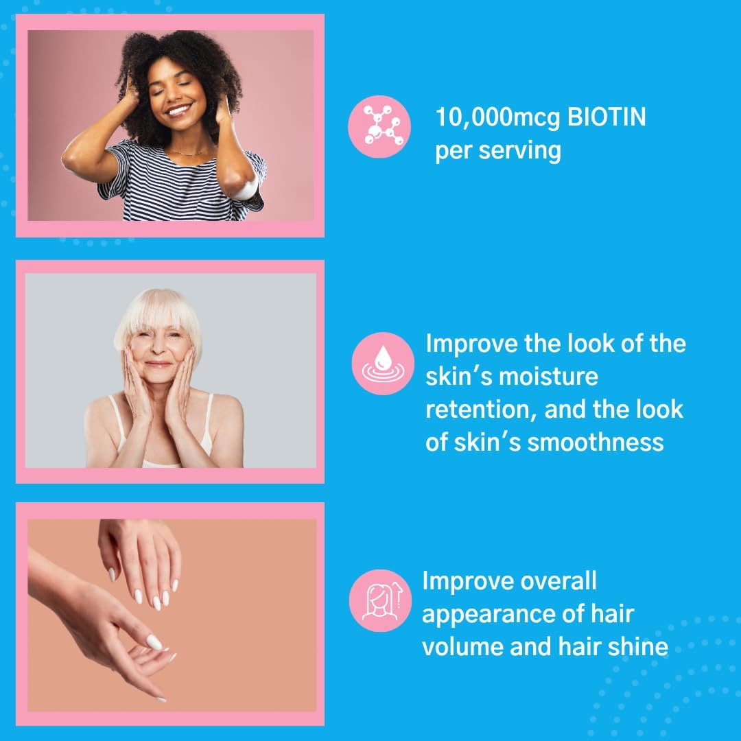 Boost Hair, Skin, and Nails with Vegan Biotin Gummies - 10,000 mcg - Hair and Nail Growth Support - Raspberry Flavored - 60 Count