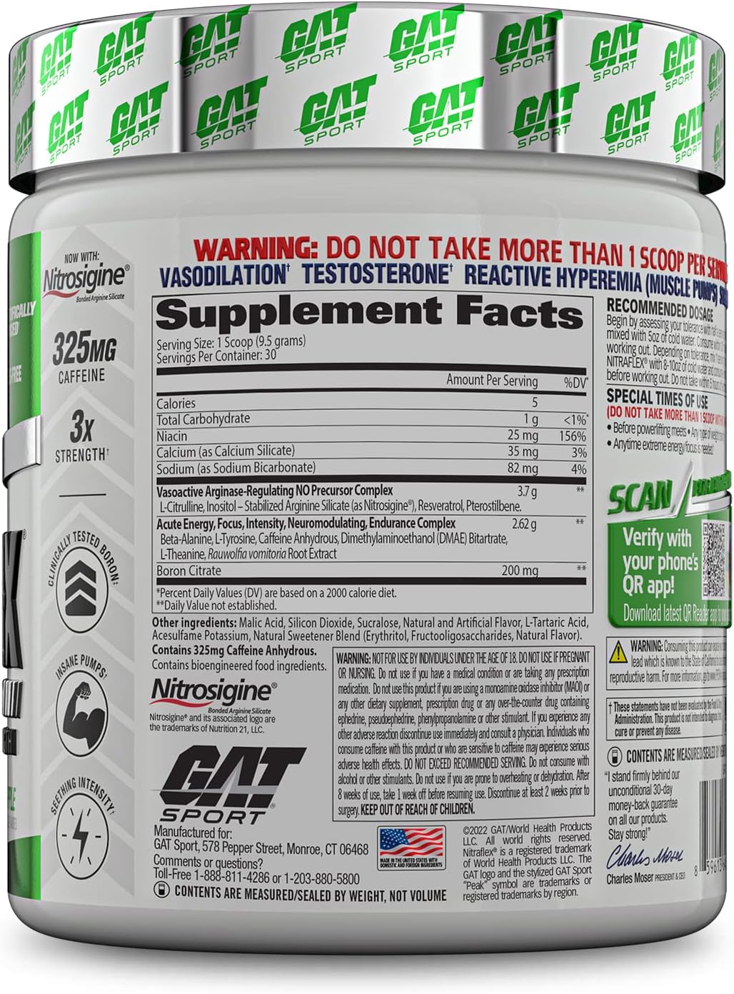 Boost Strength & Energy with GAT SPORT Nitraflex Advanced Pre-Workout Powder - Green Apple Flavor, 30 Servings