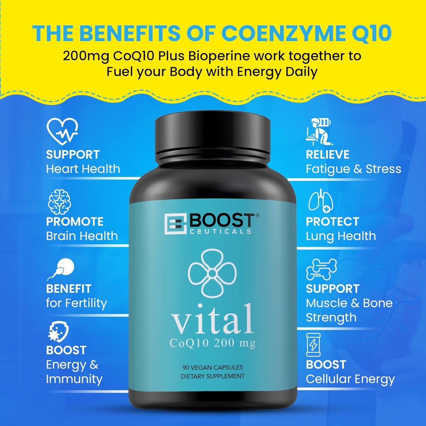 BoostCeuticals Pure CoQ10 200mg Capsules for High Absorption - Vegan, Non GMO, Gluten Free, No Stearates - 90 Count