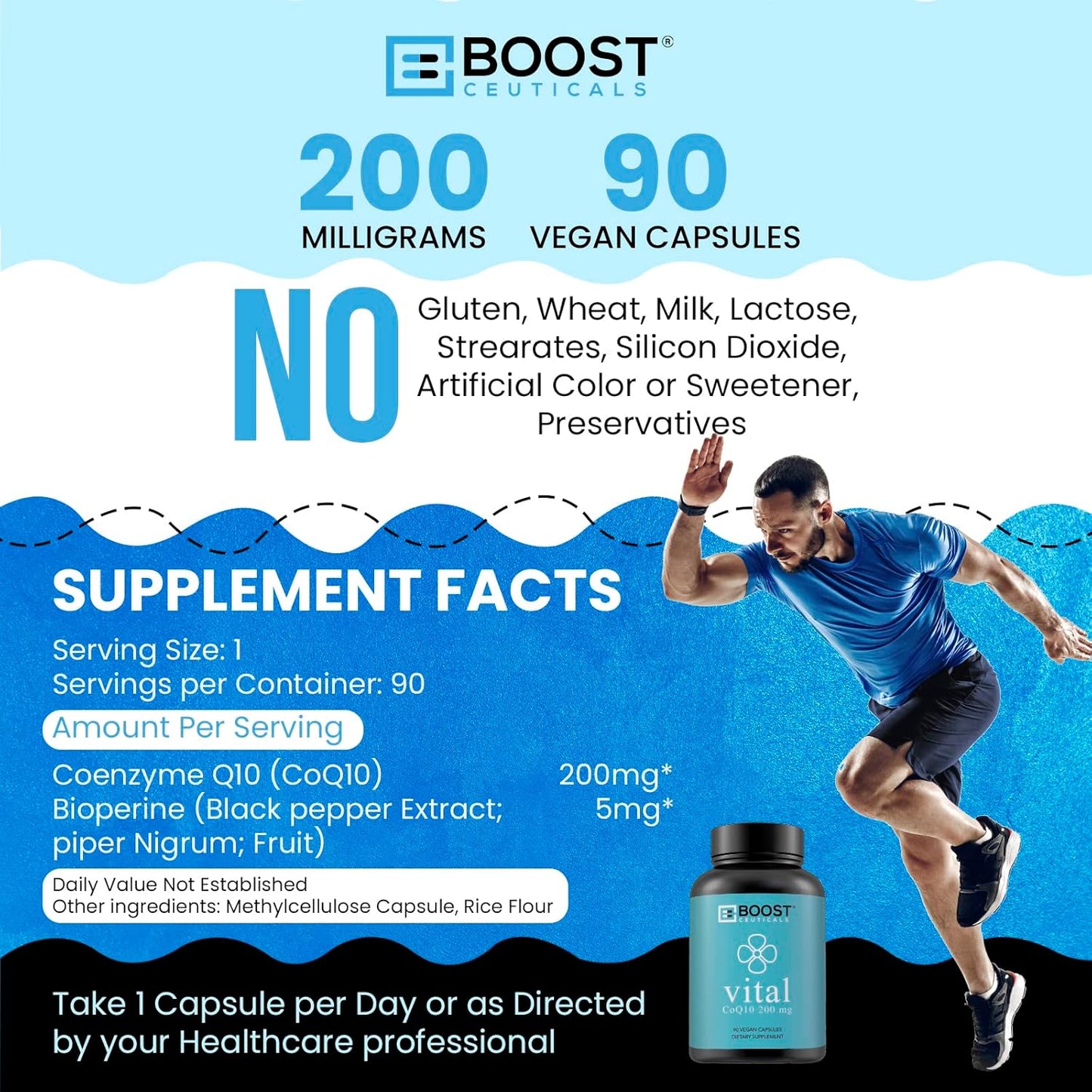 BoostCeuticals Pure CoQ10 200mg Capsules for High Absorption - Vegan, Non GMO, Gluten Free, No Stearates - 90 Count