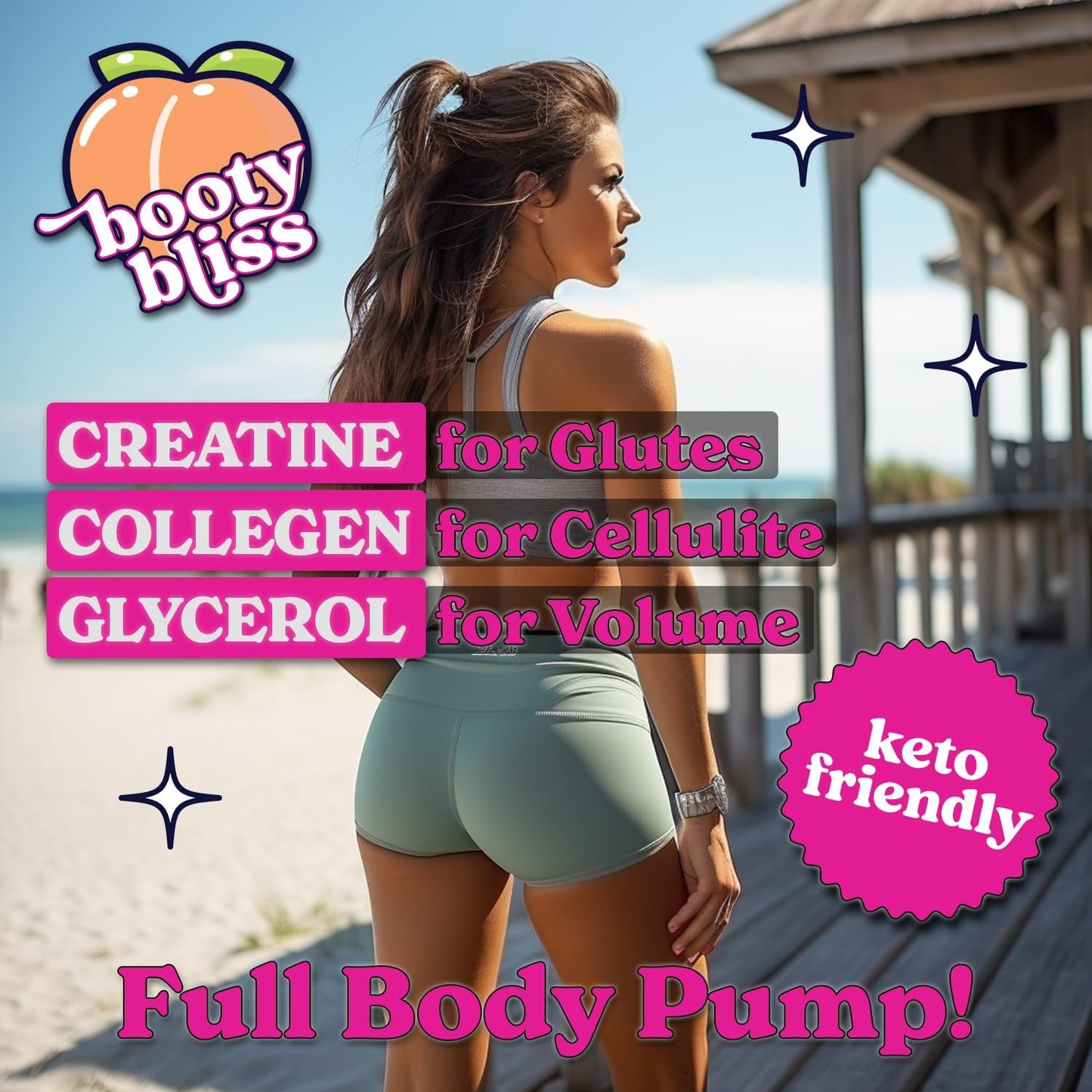Booty Bliss Creatine for Women Pre Workout with Collagen - Keto Friendly Peach Builder - 30 Servings Strawberry Colada Flavor