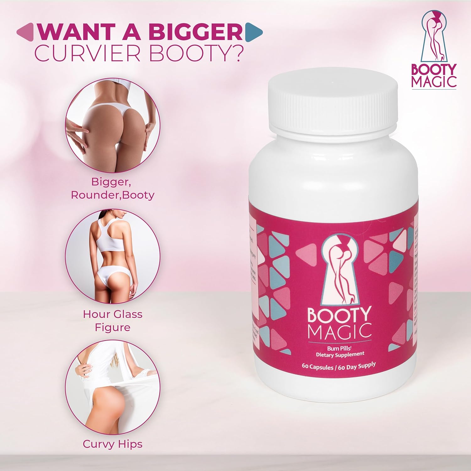 Booty Magic Butt Enhancement Pills - 2 Months Supply for Bigger, Rounder Butt with Maca & Fenugreek