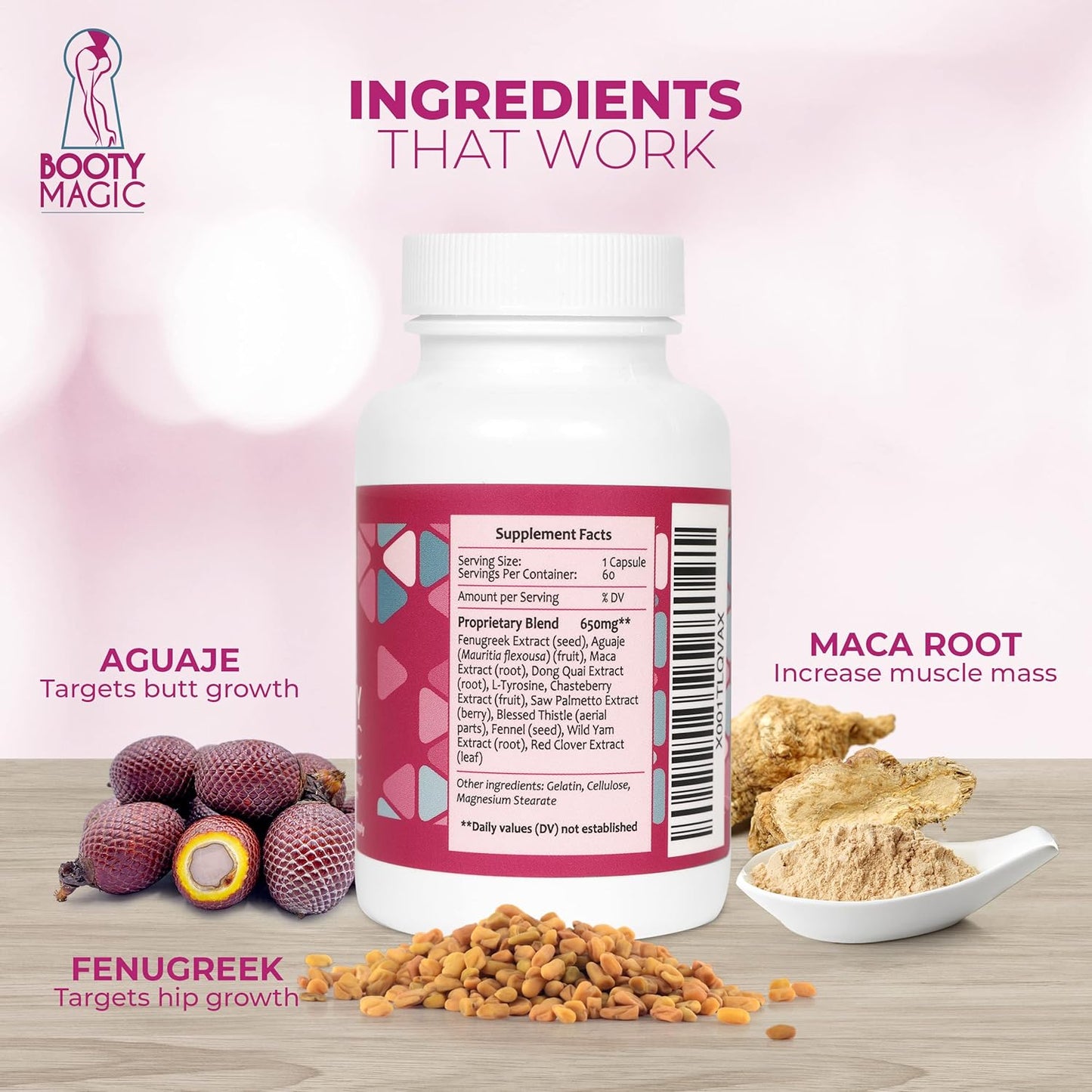 Booty Magic Butt Enhancement Pills - 2 Months Supply for Bigger, Rounder Butt with Maca & Fenugreek