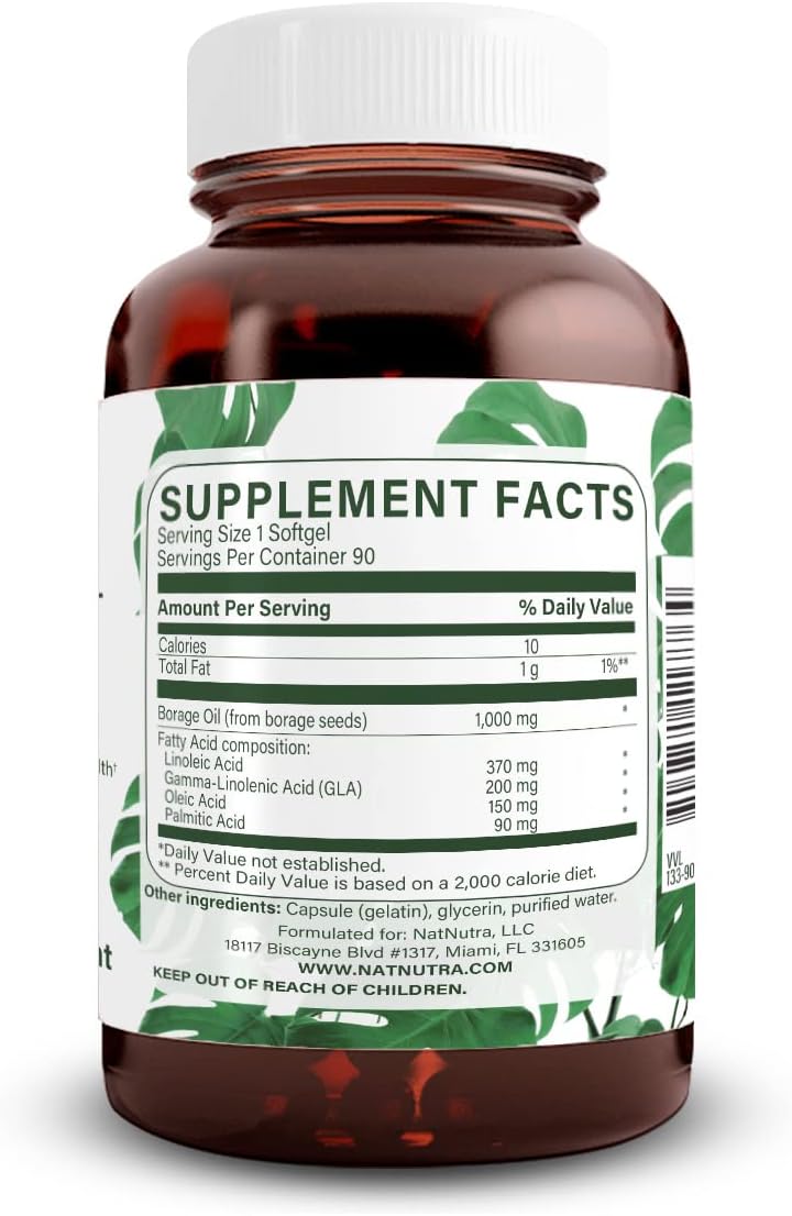 Borage Oil Supplement for Skin, Heart, and Nerve Health - Reduce Joint Pain and Acne - Omega 6 Fatty Acids - 90 Softgels