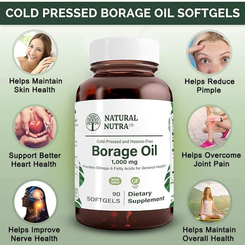 Borage Oil Supplement for Skin, Heart, and Nerve Health - Reduce Joint Pain and Acne - Omega 6 Fatty Acids - 90 Softgels
