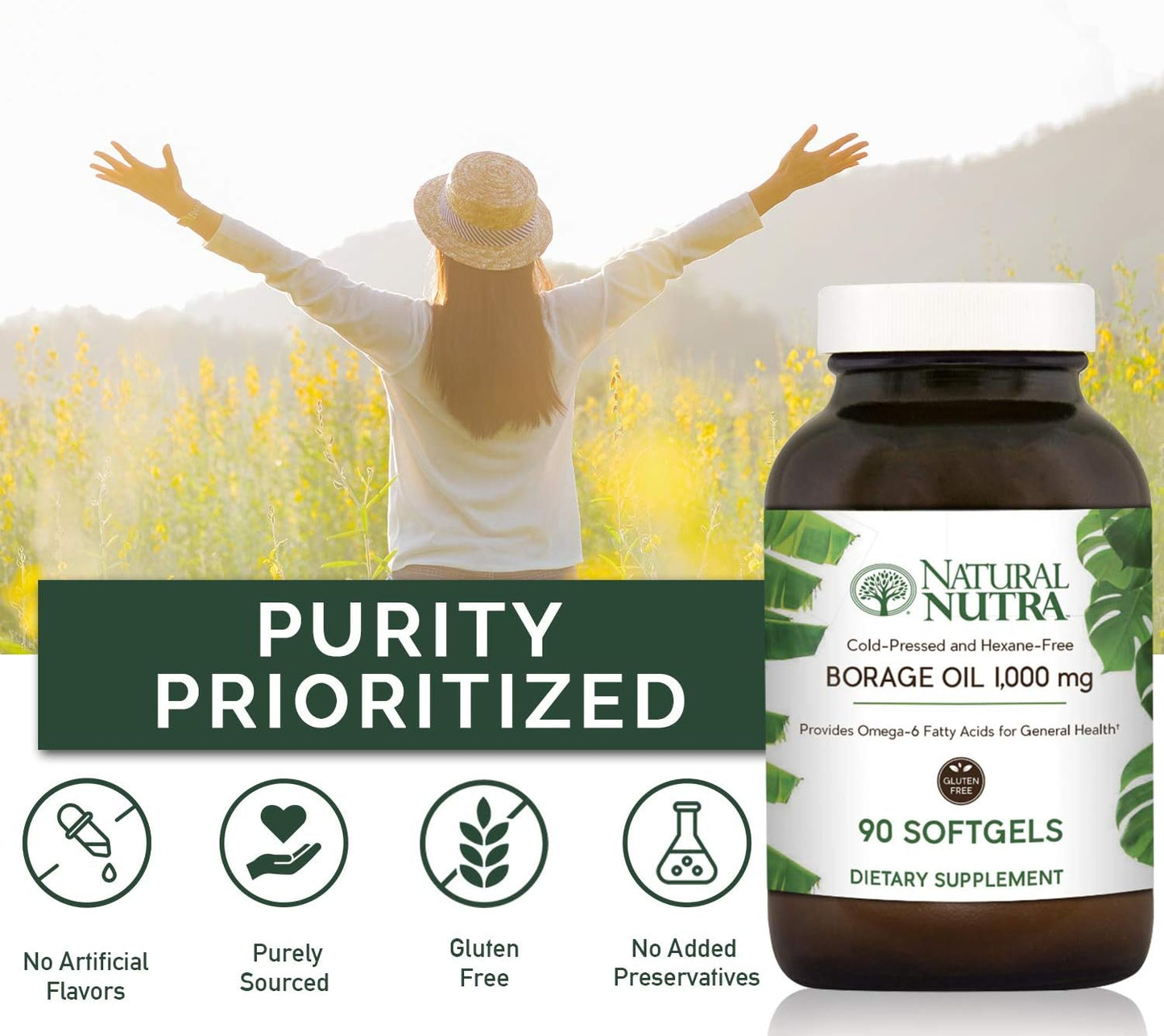 Borage Oil Supplement for Skin, Heart, and Nerve Health - Reduce Joint Pain and Acne - Omega 6 Fatty Acids - 90 Softgels