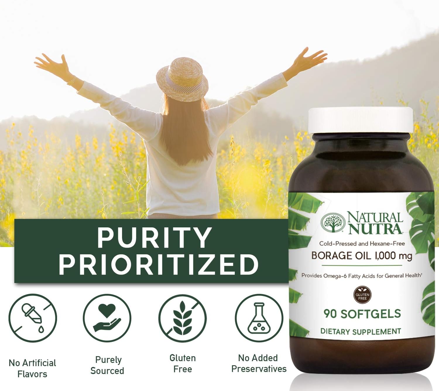 Borage Oil Supplement for Skin, Heart, and Nerve Health - Reduce Joint Pain and Acne - Omega 6 Fatty Acids - 90 Softgels